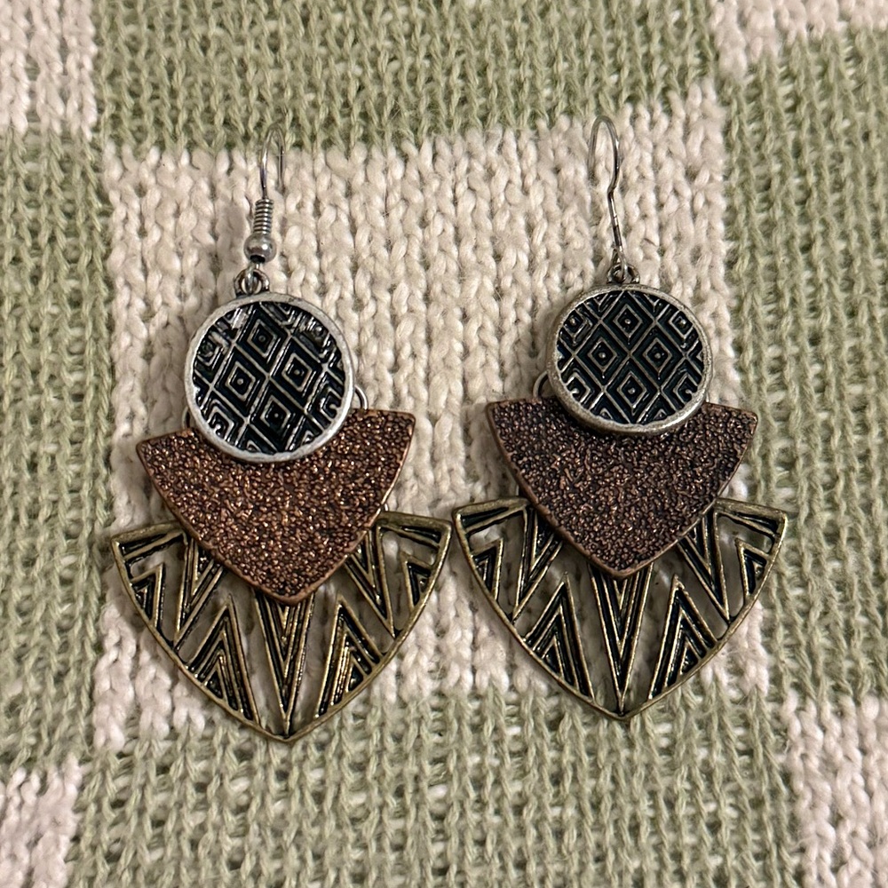 Geometric Patterned Earrings in Bronze and Silver